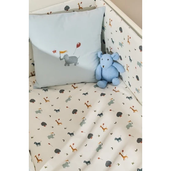 Beşik üçün yumşaq qoruyucu ilə dəst Zoo, pambıq, mavi/ağ, 7 parça