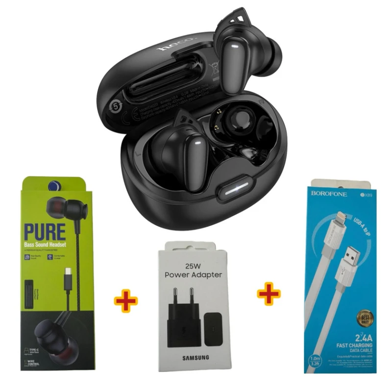 Беспроводные наушники Hoco EW203 Black + Подарок Проводные наушники Strap Pure + Сетевое зарядное устройство Samsung 25W + Кабель USB Borofone BX89 Беспроводные наушники Hoco EW203 Black + Подарок Проводные наушники Strap Pure + Сетевое зарядное устройство Samsung 25W + Кабель USB Borofone BX89