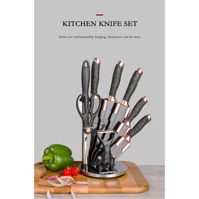 Набор кухонных ножей Kunsion 5305, 9 шт, нержавеющая сталь, черный