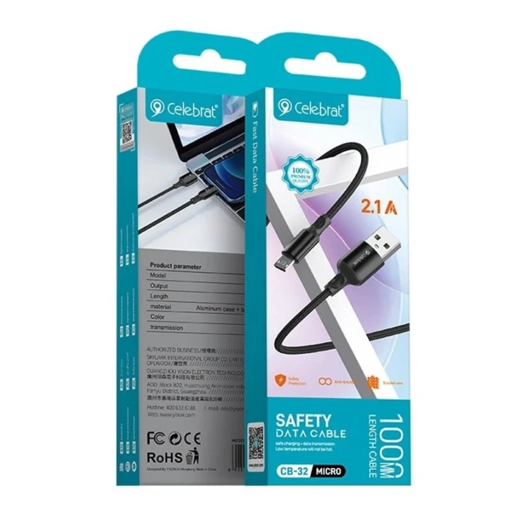Kabel Celebrat CB-32 A-M USB to Micro USB, 1 m, Black