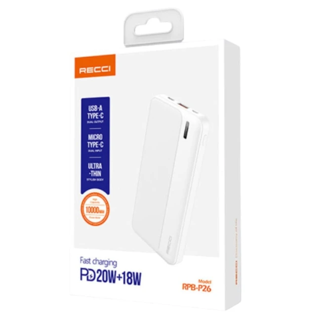 Xarici akkumulyator Recci RPB-26 10000 mAh, White Xarici akkumulyator Recci RPB-26 10000 mAh, White