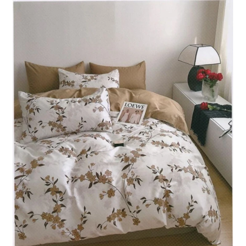 Комплект постельного белья First Home SHA-0000573, цветочный, пододеяльник 200x220 см, простыня 250x250 см, наволочки 50x70 см 2 шт, двуспальный с европростыней, хлопок, коричневый/белый