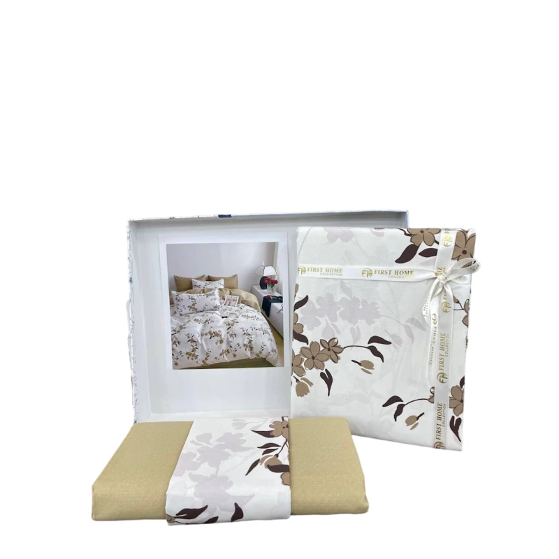 Комплект постельного белья First Home SHA-0000573, цветочный, пододеяльник 200x220 см, простыня 250x250 см, наволочки 50x70 см 2 шт, двуспальный с европростыней, хлопок, коричневый/белый