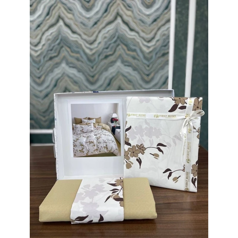 Комплект постельного белья First Home SHA-0000573, цветочный, пододеяльник 200x220 см, простыня 250x250 см, наволочки 50x70 см 2 шт, двуспальный с европростыней, хлопок, коричневый/белый