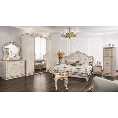 Набор мебели для спальни Era Mebel Patrisiya, кремовый (шкаф 200x60x228.5 см, кровать 184.5x210x145 см, прикроватная тумба 49.5x50x50 см, комод 95x50x89 см, зеркало 85x80 см)