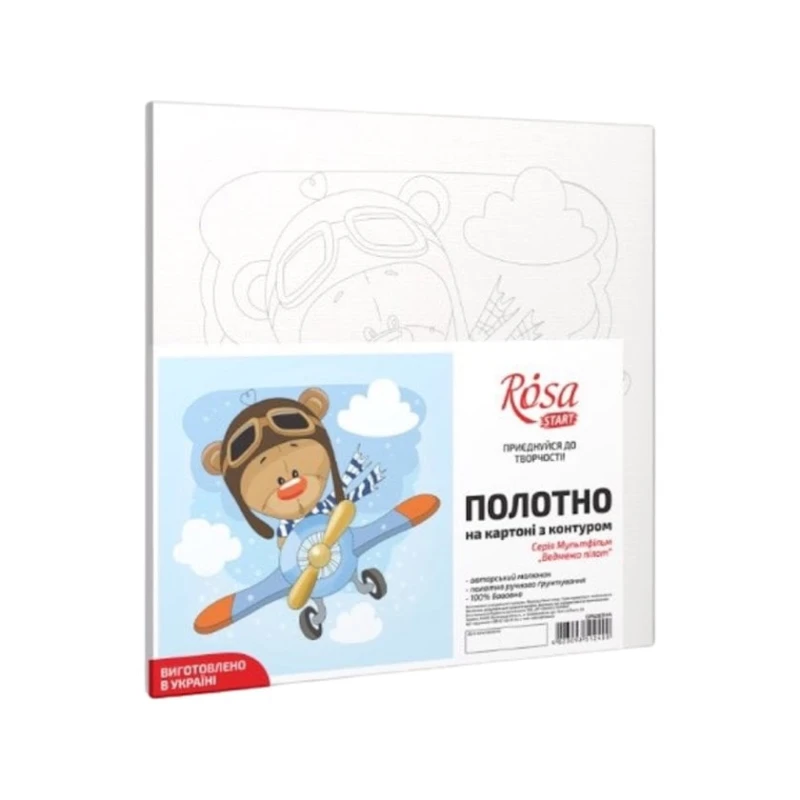Холст на картоне с контуром Rosa Start Медведь пилот, хлопок, акрил, 20х20 см Холст на картоне с контуром Rosa Start Медведь пилот, хлопок, акрил, 20х20 см