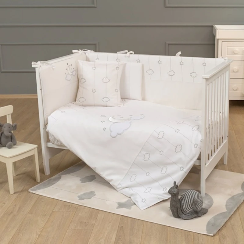 Комплект детского постельного белья Funna baby Luna Chic, 8 предметов, пододеяльник 100x150 см, внутреннее одеяло, защита головы 45x70 см, боковая защита 45x130 см - 2 шт, простыня, наволочка 35x45 см, декоративная наволочка, хлопок, белый