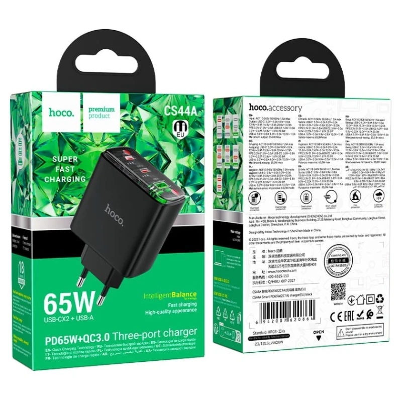 Adapter Hoco CS44A Smart PD65W AB fiş, Qara