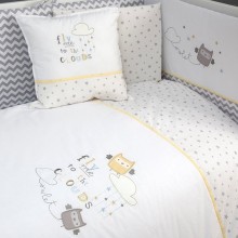 Uşaq yataq dəsti Funna baby Owlet, 7 hissə, yorğan üzü 90x120 sm, iç yorğan 90x120, baş üçün qoruma 40x60 sm, yan qoruma 40x120 sm - 2 əd, mələfə, yastıq üzü 35x45 sm, pambıq, ağ