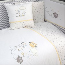 Uşaq yataq dəsti Funna baby Owlet, 7 hissə, yorğan üzü 90x120 sm, iç yorğan 90x120, baş üçün qoruma 40x60 sm, yan qoruma 40x120 sm - 2 əd, mələfə, yastıq üzü 35x45 sm, pambıq, ağ