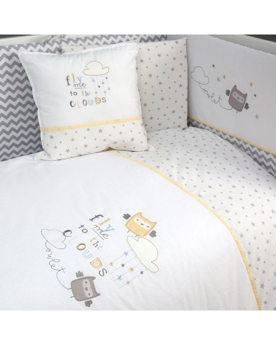 Uşaq yataq dəsti Funna baby Owlet, 7 hissə, yorğan üzü 90x120 sm, iç yorğan 90x120, baş üçün qoruma 40x60 sm, yan qoruma 40x120 sm - 2 əd, mələfə, yastıq üzü 35x45 sm, pambıq, ağ