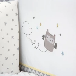Комплект детского постельного белья Funna baby Owlet, 7 предметов, пододеяльник 90x120 см, внутреннее одеяло 90x120, защита головы 40x60 см, боковая защита 40x120 см - 2 шт, простыня, наволочка 35x45 см, хлопок, белый