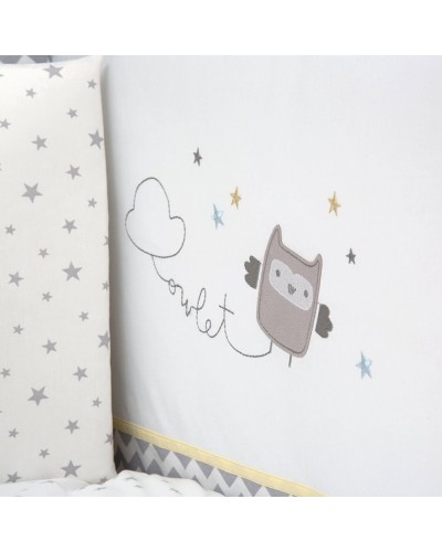Uşaq yataq dəsti Funna baby Owlet, 7 hissə, yorğan üzü 90x120 sm, iç yorğan 90x120, baş üçün qoruma 40x60 sm, yan qoruma 40x120 sm - 2 əd, mələfə, yastıq üzü 35x45 sm, pambıq, ağ