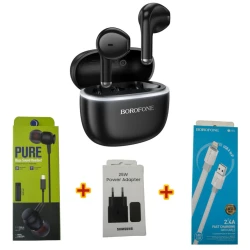 Беспроводные наушники Borofone FQ11 Black + Подарок Проводные наушники Strap Pure + Сетевое зарядное устройство Samsung 25W + Кабель USB Borofone BX89
