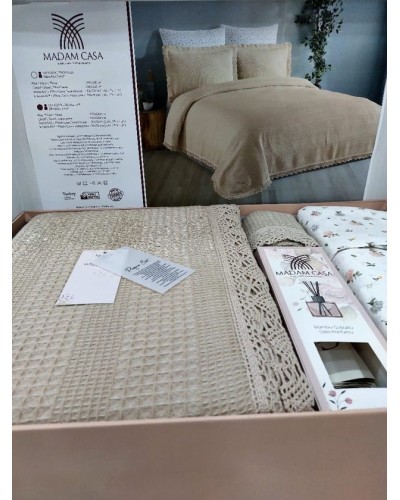 Dəst MiraNova SF-368, yastıq üzləri 50x70 sm, pike yorğanı 220x240 sm, mələfə 240x260 sm, ikinəfərlik, bej