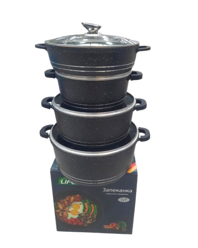 Qazan dəsti HomeStore PL12, 24/28/28/32 sm, qranit, qapaq ilə, qara