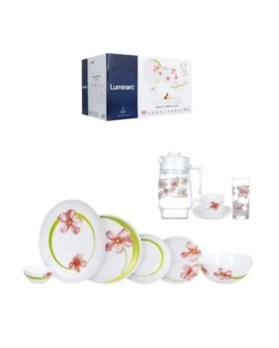 Süfrə qab-qacaq dəsti Luminarc Sweet Impression SV46 46 əşya, 6 nəfərlik, şüşə, ağ/çəhrayı, 6 desert boşqabı 19 sm/6 şorba boşqabı 22 sm/6 yemək boşqabı 24 sm/6 salat boşqabı 12 sm/6 stəkan 220 ml/6 nəlbəki 14 sm/1 oval boşqabı 33 sm/1 su qabı 1.6 l/1 qap