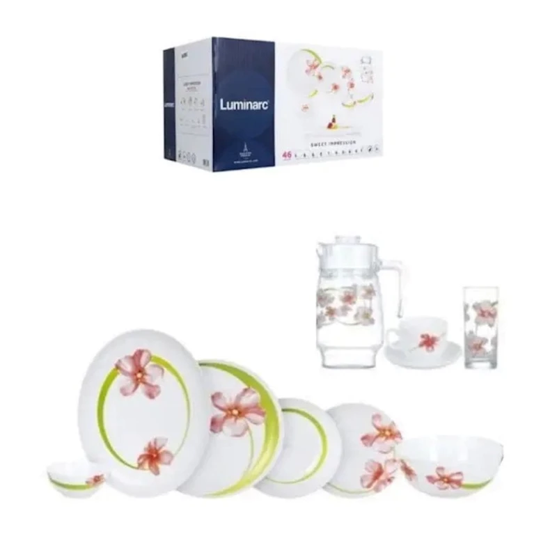 Набор столовой посуды Luminarc Sweet Impression SV46 46 предметов, на 6 персон, стекло, белый/розовый, 6 десертных тарелок 19 см/6 суповых тарелок 22 см/6 обеденных тарелок 24 см/6 салатных тарелок 12 см/6 стаканов 220 мл/6 блюдец 14 см/1 овальная тарелка Набор столовой посуды Luminarc Sweet Impression SV46 46 предметов, на 6 персон, стекло, белый/розовый, 6 десертных тарелок 19 см/6 суповых тарелок 22 см/6 обеденных тарелок 24 см/6 салатных тарелок 12 см/6 стаканов 220 мл/6 блюдец 14 см/1 овальная тарелка
