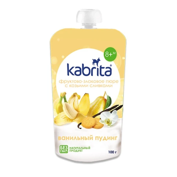 Фруктово-злаковое пюре Kabrita с козьими сливками Ванильный пудинг, 100 г, с 8 месяцев Фруктово-злаковое пюре Kabrita с козьими сливками Ванильный пудинг, 100 г, с 8 месяцев