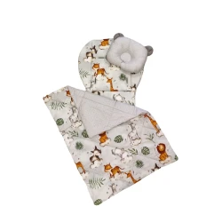 Uşaq arabası üçün dəst Softcare döşək 78x33 sm, yorğan 65x85 sm, yastıq, boz/heyvanlar