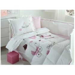 Комплект детского постельного белья Ozdilek Baby Girl, одеяло 95x145 см, защита одеяла 100x170 см, простыня 120x180 см, наволочка 35x45 - 2 шт, защита головы 40x60 см, боковая защита 40x140 см, хлопок, розовый