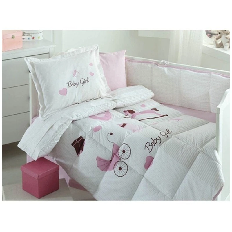Комплект детского постельного белья Ozdilek Baby Girl, одеяло 95x145 см, защита одеяла 100x170 см, простыня 120x180 см, наволочка 35x45 - 2 шт, защита головы 40x60 см, боковая защита 40x140 см, хлопок, розовый