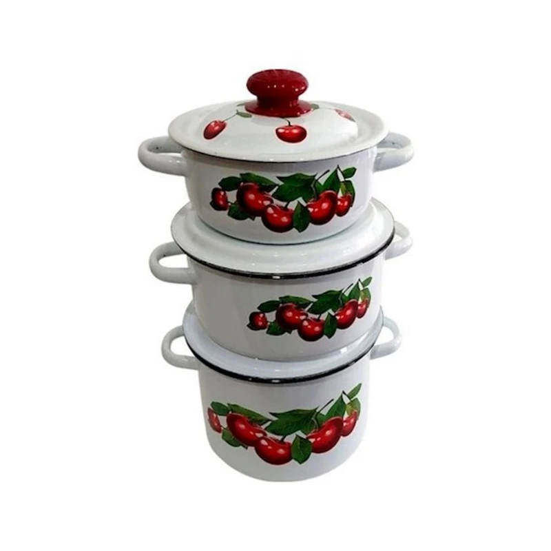 Набор кастрюль СтальЭмаль Вишневый сад N 30, 3 шт, эмалированная сталь, с крышкой, белый