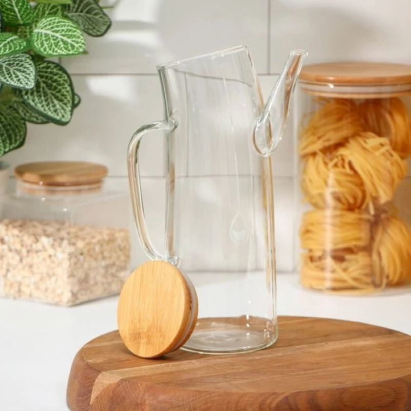 Емкость для соуса и масла Эко grimm_9815, бамбук/силикон/стекло, прозрачный/коричневый, 1 л