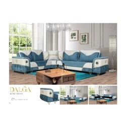 Диван Dalğa угловой, синий-кремовый, 265/320x80x98 см