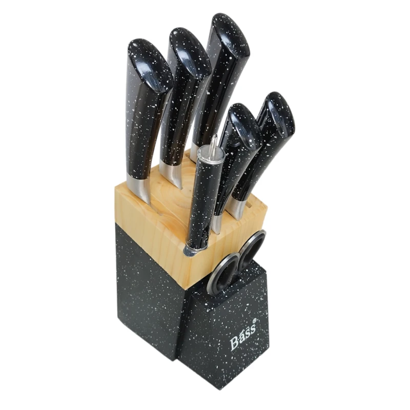 Набор ножей HMSD_BB-9B черный, 7 шт, ножницы 18 см/точилка для ножей 30 см/нож для фруктов 21 см/разделочный нож 24 см/шеф-нож 34 см/хлебный нож 34 см/топорик 30 см