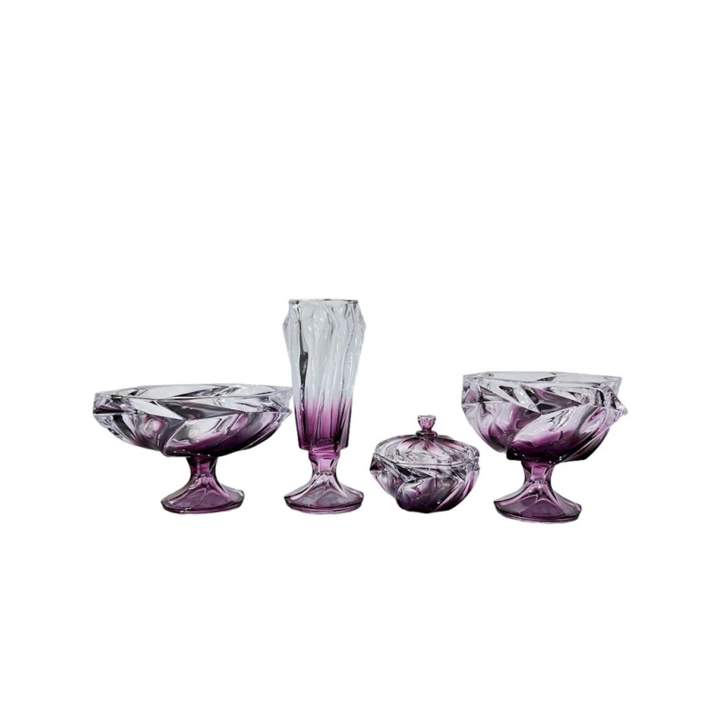 Meyvə qabları dəsti güldan və şirniyyat qabı ilə 00405, 4 parça, şüşə, çəhrayı, 22x24 sm, 20x28 sm, 14x15 sm, 34x12 sm