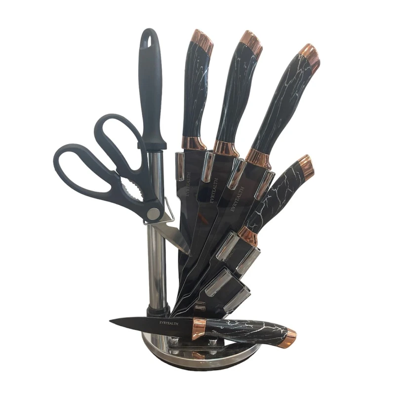 Набор ножей на подставке ZTW-511, 5 шт + ножницы + точилка для ножей, керамика, рукоятка силикон, черный