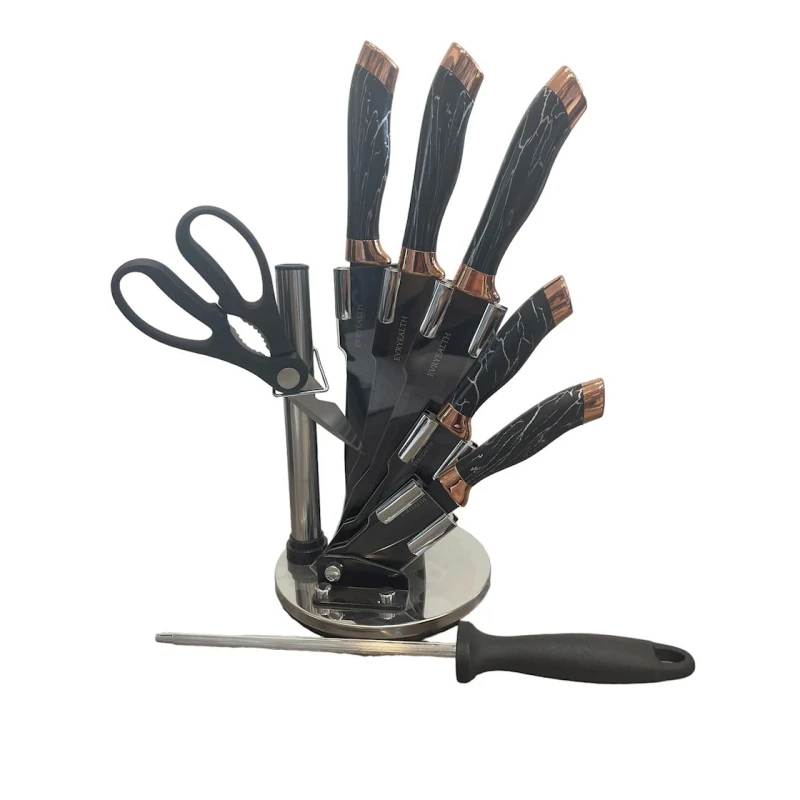 Набор ножей на подставке ZTW-511, 5 шт + ножницы + точилка для ножей, керамика, рукоятка силикон, черный