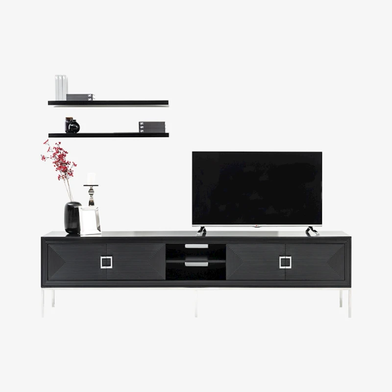 Подставка для телевизора Stella, длина 2.45м х ширина 0.45м, краска МДФ, металлические ножки, черный Подставка для телевизора Stella, длина 2.45м х ширина 0.45м, краска МДФ, металлические ножки, черный