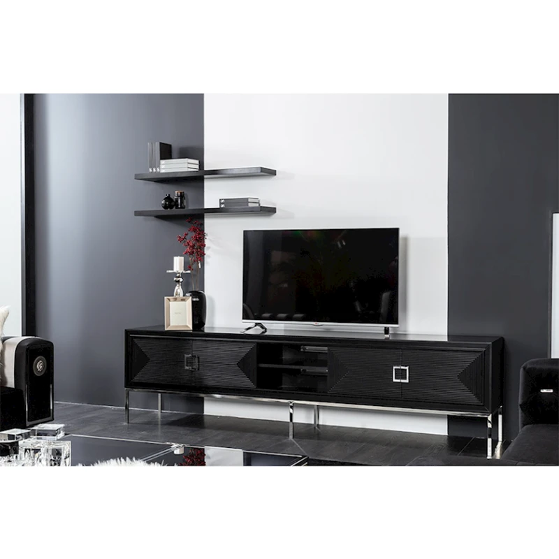 Подставка для телевизора Stella, длина 2.45м х ширина 0.45м, краска МДФ, металлические ножки, черный Подставка для телевизора Stella, длина 2.45м х ширина 0.45м, краска МДФ, металлические ножки, черный