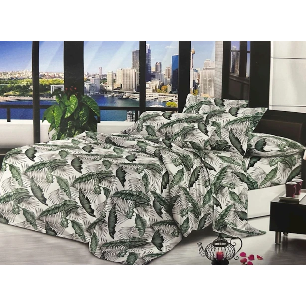 Комплект постельного белья Sahara SHA-00001357, пододеяльник 200x220 см, простыня 200x220 см, наволочка 50х70 см, двуспальный, белый/зеленый Комплект постельного белья Sahara SHA-00001357, пододеяльник 200x220 см, простыня 200x220 см, наволочка 50х70 см, двуспальный, белый/зеленый