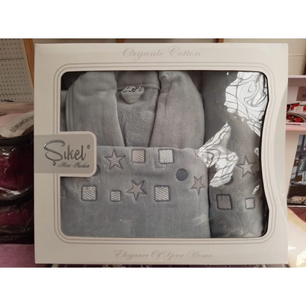 Банный набор MiraNova CTS-474 (халат + банное полотенце + полотенце для рук), велюр, серый