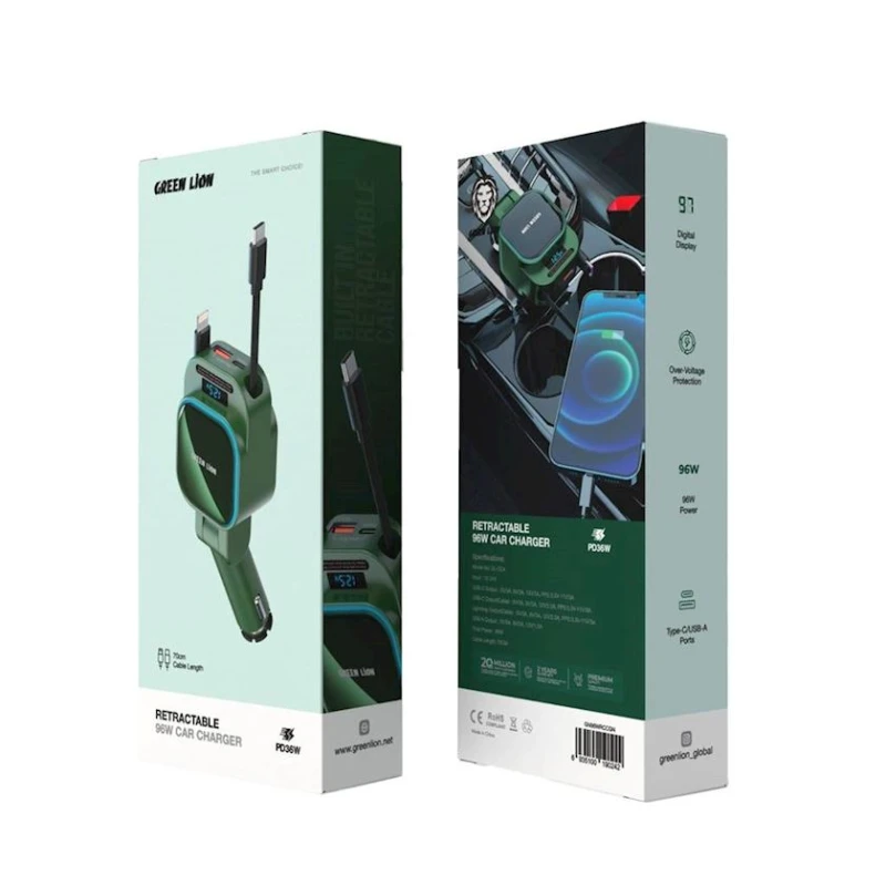 Автомобильное зарядное устройство Green Lion Retractable 96W Car Charger Green