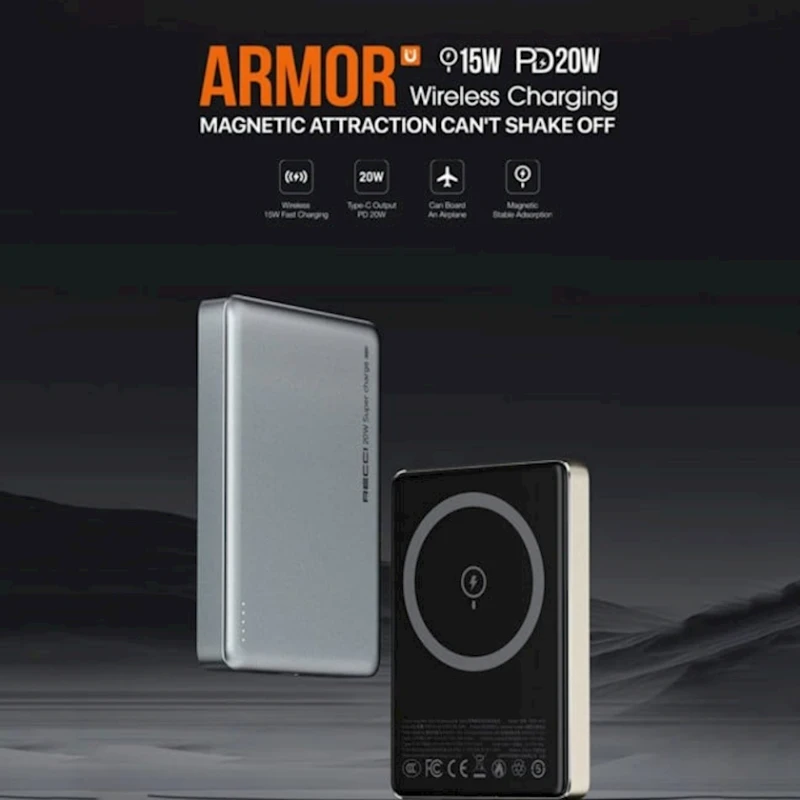 Внешний аккумулятор с беспроводной зарядкой Recci Armor RPB-W26 15/20W 10000 mAh Gray Внешний аккумулятор с беспроводной зарядкой Recci Armor RPB-W26 15/20W 10000 mAh Gray