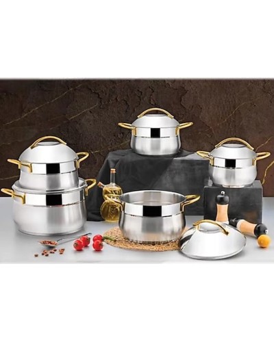 Qazan Ozlife Osaka, Türkiyə istehsalı, 304 paslanmaz çelik, 10 parça, gümüşü+qızılı qulp, Derin 18 sm - 2.5 litr, Derin 20 sm - 3.2 litr, Derin 22 sm - 4.5 litr, Derin 24 sm - 6.3 litr, Derin 28 sm - 11 litr - maxi-sweet-TP1644492