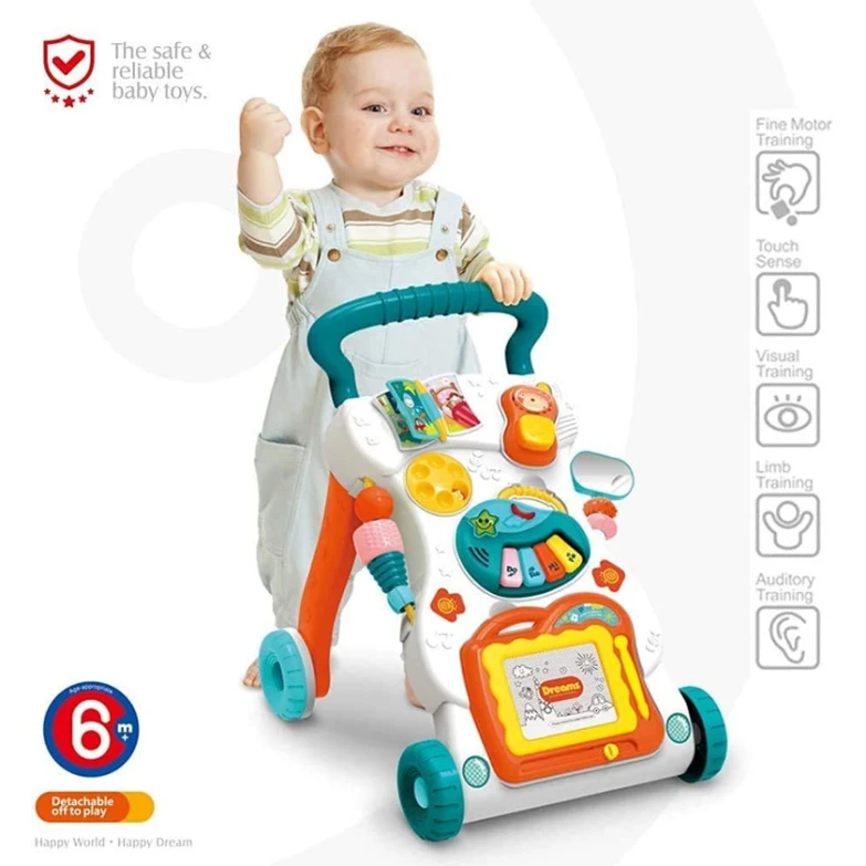 Музыкальные ходунки Lucario Baby ABC123-RAX, с функцией обучения сидению и стоянию, музыкальным пианино, доской для рисования и зеркалом, интерактивными световыми и звуковыми эффектами