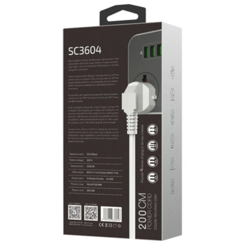 Сетевой фильтр LDNIO SC3604 2 м, 3-розеточный, Серый Сетевой фильтр LDNIO SC3604 2 м, 3-розеточный, Серый