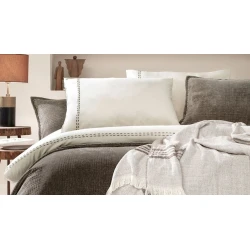 Комплект постельного белья Yataş King, пододеяльник 200х220 см, простыня 240х260 см, наволочка 50х70 см (2 шт), двуспальный, лен/хлопок, белый/коричневый