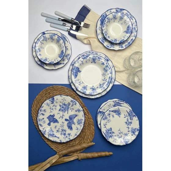 Сервиз обеденный Stoneware Flower, 24 предмета, 6 персон, керамика, белый/голубой