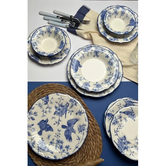 Сервиз обеденный Stoneware Flower, 24 предмета, 6 персон, керамика, белый/голубой