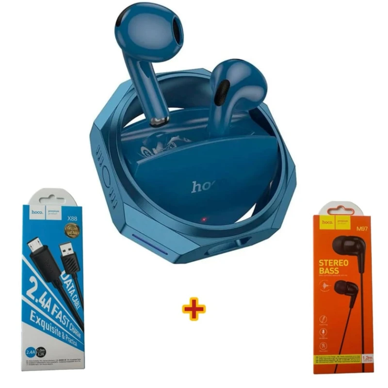 Беспроводные наушники Hoco ew70 Navy Blue + наушники + кабель для зарядки