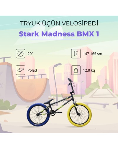 Velosiped Stark Madness BMX 1, göy/qara/sarı, 20