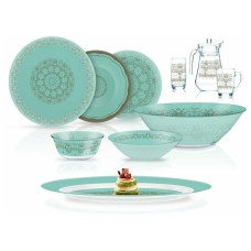 Süfrə qab-qacaq dəsti Luminarc Simply Francyne Turquoise, 46 parça, 6 nəfərlik, bərkidilmiş şüşə, firuzəyi/şəffaf