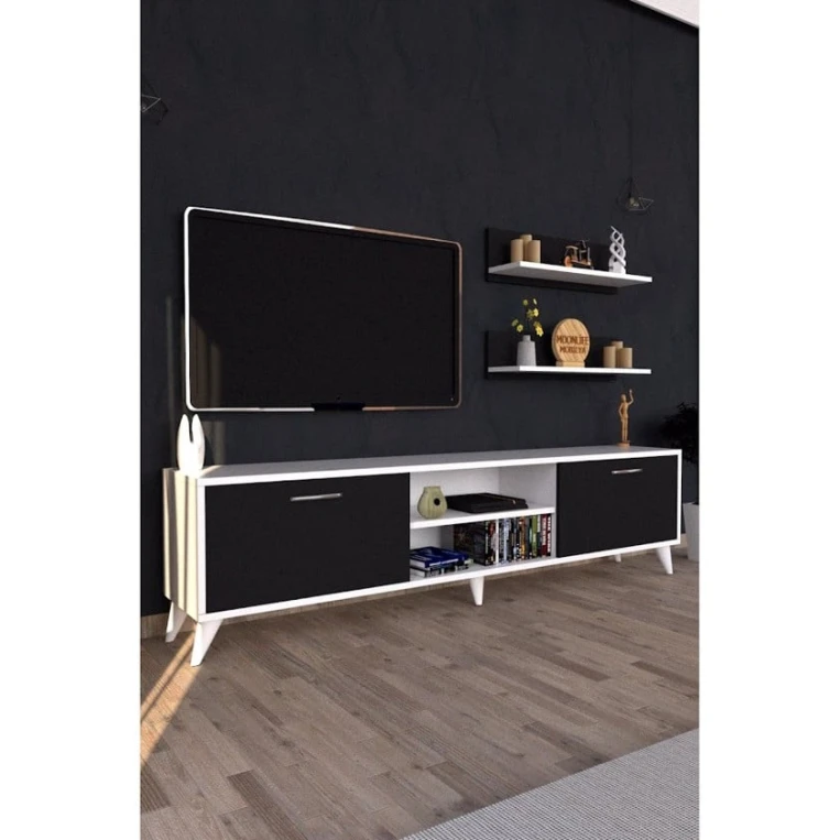 Тумба под ТВ ev_12116150, ламинат, белая/черная, 180x30x45 см Тумба под ТВ ev_12116150, ламинат, белая/черная, 180x30x45 см