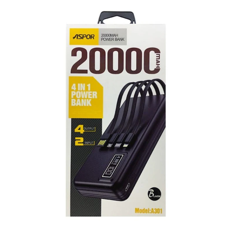 Внешний аккумулятор Aspor A301 4in1 Fast Charge 20000 mAh Black Внешний аккумулятор Aspor A301 4in1 Fast Charge 20000 mAh Black